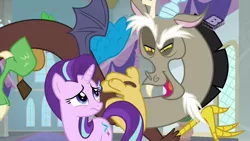 Size: 1024x576 | Tagged: a matter of principals, boomerang (tv channel), derpibooru import, discord, draconequus, sad, safe, screencap, smiling, starlight glimmer, trolling