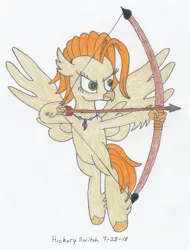 Size: 1024x1346 | Tagged: arrow, artist:hickory17, bow and arrow, bow (weapon), classical hippogriff, colored, color edit, derpibooru import, edit, female, floating, flying, hippogriff, hippogriff oc, jewelry, necklace, oc, oc:swift arrow, pearl, safe, shooting, show accurate, simple background, solo, traditional art, weapon, white background, wings