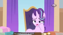 Size: 1366x768 | Tagged: a matter of principals, book, boomerang (tv channel), caption, closed captioning, curtains, cute, derpibooru import, desk, edit, edited screencap, faic, gem, meme, rope, safe, screencap, scroll, smiling, starlight glimmer, this will not end well, what could possibly go wrong, youtube caption