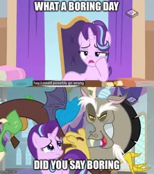 Size: 500x562 | Tagged: a matter of principals, boomerang (tv channel), caption, chair, derpibooru import, discord, draconequus, edit, edited screencap, horn, image macro, meme, safe, screencap, starlight glimmer, text, wings