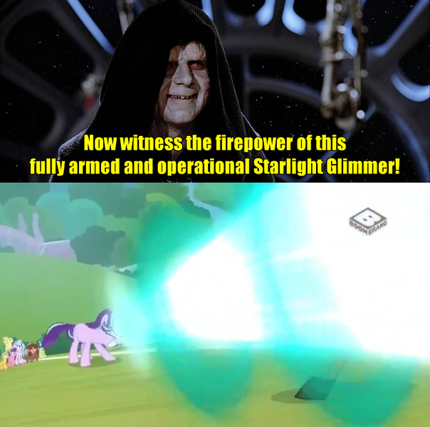 Size: 800x795 | Tagged: a matter of principals, boomerang (tv channel), caption, derpibooru import, discord, edit, edited screencap, emperor palpatine, friendship student, huckleberry, image macro, meme, safe, sandbar, screencap, silverstream, starlight glimmer, star wars, text, yona