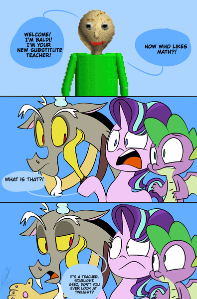 Size: 800x1214 | Tagged: safe, artist:emositecc, derpibooru import, discord, spike, starlight glimmer, draconequus, dragon, pony, unicorn, a matter of principals, baldi, baldi's basics in education and learning, comic, dialogue, winged spike