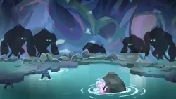 Size: 1280x720 | Tagged: cave, derpibooru import, my little pony: the movie, safe, scared, screencap, seapony (g4), season 8, silverstream, spoiler:s08, storm guard, storm king, water, what lies beneath