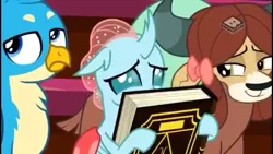 Size: 1280x720 | Tagged: safe, derpibooru import, screencap, gallus, ocellus, yona, changedling, changeling, gryphon, yak, a matter of principals, season 8, spoiler:s08, adorkable, book, boomerang (tv channel), bow, cute, cuteling, diaocelles, dork, hair bow, shy, smiling, smirk, trio