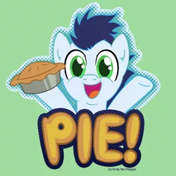 Size: 900x900 | Tagged: artist:oemilythepenguino, colt, cute, derpibooru import, food, happy, hoof hold, male, one word, pie, safe, soarin', soarinbetes, that pony sure does love pies