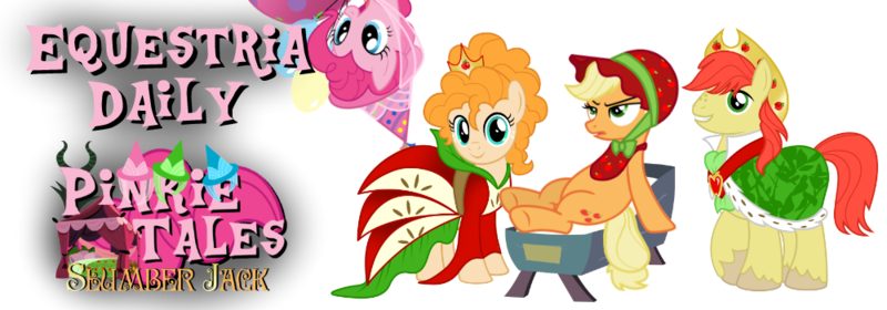 Size: 1000x350 | Tagged: applejack, applejack's parents, artist:jhayarr23, banner, bright mac, clothes, derpibooru import, dress, edit, equestria daily, fairy tale, pear butter, pinkie pie, pinkie tales, safe, simple background, sleeping beauty, slumberjack, transparent background, unamused