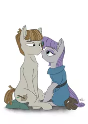 Size: 905x1280 | Tagged: safe, artist:calena, derpibooru import, boulder (pet), maud pie, mudbriar, twiggy (pet), earth pony, pony, atg 2018, boop, female, looking at each other, male, maudbriar, newbie artist training grounds, noseboop, shipping, signature, simple background, sitting, straight, white background