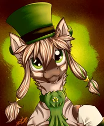 Size: 1000x1200 | Tagged: artist:striped-chocolate, bust, clothes, derpibooru import, hat, male, oc, oc:patrick poe, portrait, rcf community, safe, solo, st.patrick's day, top hat, zebra, zebra oc