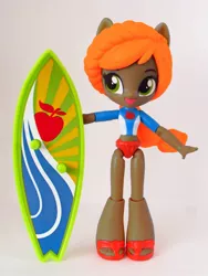 Size: 846x1128 | Tagged: safe, artist:whatthehell!?, derpibooru import, applejack, equestria girls, clothes, doll, equestria girls minis, irl, photo, ponied up, recolor, sandals, surfboard, swimsuit, toy