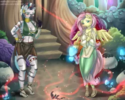 Size: 1125x900 | Tagged: suggestive, artist:draltruist, derpibooru import, part of a set, fluttershy, zecora, anthro, pegasus, plantigrade anthro, zebra, series:fluttershy's transformation, alicorn amulet, boob window, breasts, busty zecora, cleavage, clothes, commission, ear piercing, earring, everfree forest, female, forest, glowing mushroom, image, jewelry, magic, mushroom, part of a series, piercing, png, zecora's hut