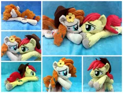 Size: 1600x1200 | Tagged: safe, artist:equinepalette, derpibooru import, bright mac, pear butter, earth pony, pony, beanie (plushie), brightbutter, female, flower, hand, hat, irl, male, mare, photo, plushie, prone, shipping, stallion, straight, unshorn fetlocks