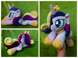 Size: 1600x1200 | Tagged: safe, artist:equinepalette, derpibooru import, princess cadance, alicorn, pony, beanie (plushie), female, hand, irl, jewelry, mare, photo, plushie, prone, regalia, solo