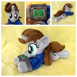 Size: 1024x1024 | Tagged: safe, artist:equinepalette, derpibooru import, oc, oc:littlepip, unofficial characters only, pony, unicorn, fallout equestria, fanfic, beanie (plushie), clothes, cutie mark, female, hooves, horn, irl, mare, photo, pipbuck, plushie, solo, vault suit