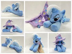 Size: 1024x768 | Tagged: safe, artist:equinepalette, derpibooru import, trixie, pony, unicorn, beanie (plushie), cape, clothes, female, hand, hat, irl, mare, photo, plushie, prone, solo, trixie's cape, trixie's hat