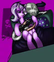 Size: 1600x1850 | Tagged: safe, artist:elbenjaftw, derpibooru import, starlight glimmer, pony, unicorn, bed, ear piercing, earring, edgelight glimmer, guitar, jewelry, musical instrument, piercing, solo, starlight's room, teenage glimmer, teenager