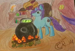 Size: 800x546 | Tagged: safe, artist:rainbowmoon27, derpibooru import, oc, oc:healing brew, unofficial characters only, unicorn, candle, cauldron, healer's mask, mask, potion making, solo, traditional art