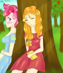 Size: 3000x3500 | Tagged: safe, artist:marie-tea-chan, derpibooru import, cup cake, pear butter, human, equestria girls, apple, apple tree, book, buttercup (ship), clothes, dress, eyes closed, female, hair, humanized, lesbian, love, shipping, sleeping, tree