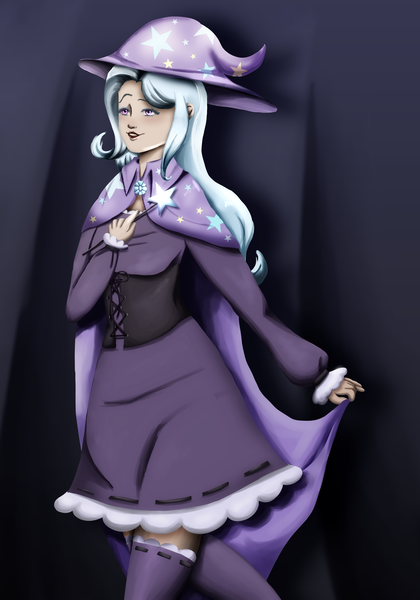 Size: 2718x3880 | Tagged: artist:aiiga, cape, clothes, derpibooru import, dress, female, hat, human, humanized, looking up, safe, skirt, solo, trixie, trixie's cape, trixie's hat