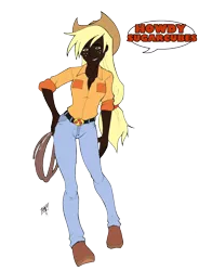 Size: 1200x1634 | Tagged: safe, artist:icey-wicey-1517, artist:mono-phos, color edit, derpibooru import, edit, applejack, human, applejack's hat, belt, belt buckle, boots, clothes, colored, cowboy hat, dark skin, female, freckles, hat, humanized, jeans, lasso, pants, rope, shoes, signature, simple background, solo, speech bubble, transparent background