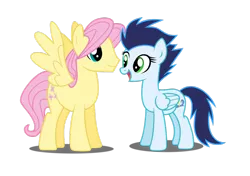 Size: 1024x722 | Tagged: safe, artist:meandmyideas, derpibooru import, edit, fluttershy, soarin', pegasus, pony, butterscotch, female, glide, looking at each other, male, rule 63, shipping, simple background, soarinshy, straight, transparent background, vector, wide eyes