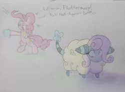 Size: 960x710 | Tagged: safe, artist:heir-of-rick, derpibooru import, fluttershy, pinkie pie, earth pony, mareep, pony, clothes, costume, female, hidden cane, mare, pokefied, pokémon, pokémon gold and silver, scared, species swap, traditional art, wings