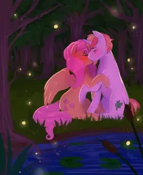 Size: 784x960 | Tagged: safe, artist:spazzyhippie, derpibooru import, fluttershy, oc, oc:lucky charm, firefly (insect), insect, pegasus, pony, unicorn, canon x oc, couple, cute, eyes closed, female, first kiss, flucky, forest, grass, kissing, lilypad, male, night, pond, romantic, shipping, sitting, straight, tree, water
