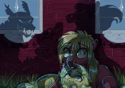 Size: 5100x3600 | Tagged: semi-grimdark, artist:earthsong9405, deleted from derpibooru, derpibooru import, applejack, big macintosh, bright mac, earth pony, pony, timber wolf, absurd resolution, barn, blaze (coat marking), brother and sister, colt, creature, female, fight, filly, freckles, grass, implied death, male, monster, offscreen character, open mouth, scared, screaming, shadow, siblings, silhouette, speedpaint available, wide eyes, younger