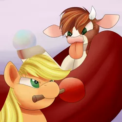 Size: 1500x1500 | Tagged: safe, artist:huffy26, derpibooru import, applejack, arizona cow, cow, earth pony, pony, them's fightin' herds, atg 2018, community related, female, mare, newbie artist training grounds, orb, tongue out