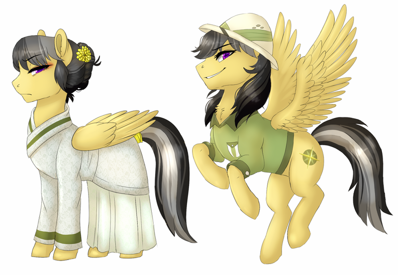 Size: 1000x691 | Tagged: safe, artist:miamaha, derpibooru import, a.k. yearling, daring do, pegasus, pony, alternate hairstyle, clothes, description at source, dress, duality, female, kimono (clothing), mare, simple background, white background