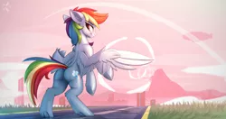 Size: 4096x2160 | Tagged: suggestive, artist:justafallingstar, derpibooru import, rainbow dash, pegasus, pony, bipedal, butt, digital art, dock, female, frog (hoof), looking at you, looking back, looking back at you, plot, rearing, runway, signature, sky, solo, solo female, standing, underhoof, wallpaper