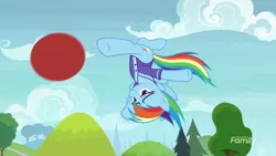 Size: 1280x720 | Tagged: >:), bicycle kick, buckball, clothes, derpibooru import, rainbow dash, safe, screencap, smiling, smirk, solo, spoiler:s08, the end in friend, uniform, upside down