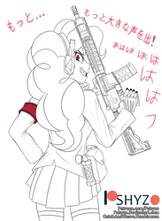 Size: 760x1040 | Tagged: safe, artist:pshyzomancer, derpibooru import, pinkie pie, equestria girls, armband, crossover, flashbang, girl's frontline, gun, headphones, japanese, lineart, m4 sopmod ii, rifle, solo, text, weapon