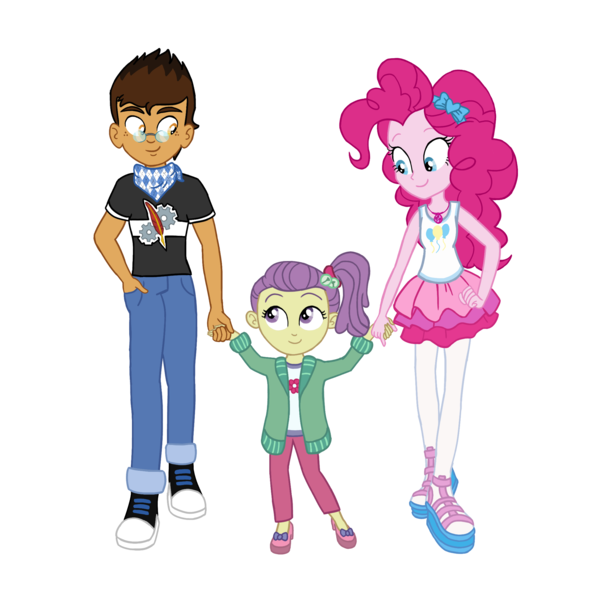 Size: 2147x2186 | Tagged: safe, artist:flipwix, derpibooru import, lily pad (equestria girls), pinkie pie, oc, oc:copper plume, equestria girls, equestria girls series, babysitting, canon x oc, clothes, commission, commissioner:imperfectxiii, converse, copperpie, cute, female, freckles, geode of sugar bombs, glasses, holding hands, magical geodes, male, neckerchief, pantyhose, sandals, shipping, shoes, simple background, skirt, sneakers, straight, transparent background