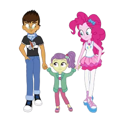 Size: 2147x2186 | Tagged: safe, artist:flipwix, derpibooru import, lily pad (equestria girls), pinkie pie, oc, oc:copper plume, equestria girls, equestria girls series, babysitting, canon x oc, clothes, commission, commissioner:imperfectxiii, converse, copperpie, cute, female, freckles, geode of sugar bombs, glasses, holding hands, magical geodes, male, neckerchief, pantyhose, sandals, shipping, shoes, simple background, skirt, sneakers, straight, transparent background
