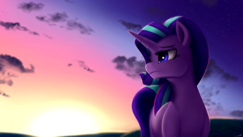 Size: 1920x1080 | Tagged: safe, artist:jeki, derpibooru import, starlight glimmer, pony, unicorn, cloud, female, mare, sky, solo, twilight (astronomy)