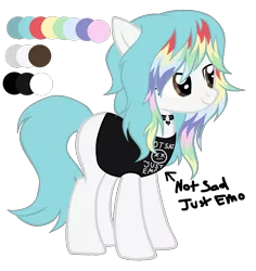 Size: 1283x1358 | Tagged: safe, artist:magicdarkart, artist:space--paws0w0, derpibooru import, oc, oc:dawn (ice1517), unofficial characters only, earth pony, pony, choker, clothes, dyed hair, dyed mane, emo, female, mare, reference sheet, shirt, simple background, solo, t-shirt, transparent background, watermark