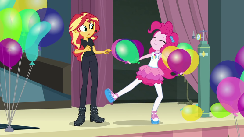 Size: 1920x1080 | Tagged: safe, derpibooru import, screencap, pinkie pie, sunset shimmer, all the world's off stage, equestria girls, equestria girls series, all the world's off stage: pinkie pie, balloon, geode of sugar bombs, helium tank, magical geodes, stage