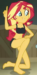 Size: 320x638 | Tagged: suggestive, derpibooru import, edit, edited screencap, editor:grapefruitface, screencap, sunset shimmer, all the world's off stage, equestria girls, equestria girls series, barefoot, belly button, bikini, black underwear, breasts, clothes, feet, sexy, swimsuit, underwear, underwear edit