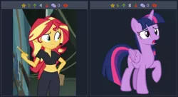 Size: 506x275 | Tagged: safe, artist:andoanimalia, derpibooru import, edit, edited screencap, screencap, sunset shimmer, twilight sparkle, twilight sparkle (alicorn), alicorn, pony, derpibooru, all the world's off stage, equestria girls, equestria girls series, forgotten friendship, all the world's off stage: micro chips, clothes, female, juxtaposition, juxtaposition win, mare, meme, meta, open mouth, pants, pencil, raised hoof, simple background, solo, stage, transparent background, vector