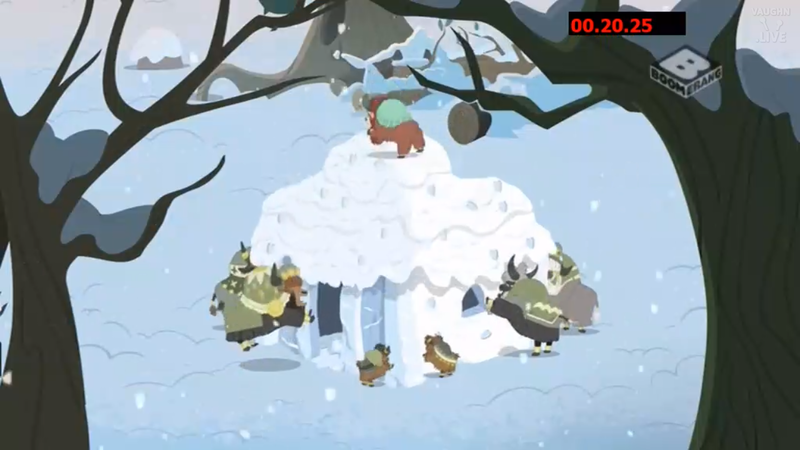 Size: 1280x720 | Tagged: boomerang (tv channel), derpibooru import, safe, screencap, snilldarfest, snow, the hearth's warming club, tree, winter, yak, yona, yona's family, yona's mom