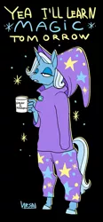 Size: 555x1200 | Tagged: safe, artist:ursa, derpibooru import, trixie, anthro, unguligrade anthro, unicorn, clothes, coffee mug, female, hat, mug, pajamas, procrastination, solo, trixie's hat