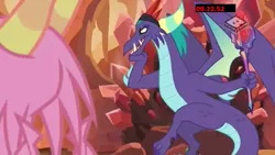 Size: 1024x576 | Tagged: bloodstone scepter, boomerang (tv channel), derpibooru import, dragon, dragon crown, dragon lord, gaius (dragon), male, safe, scales (character), screencap, the hearth's warming club, throne, throne slouch, trap