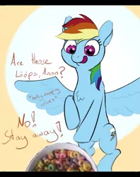 Size: 1015x1281 | Tagged: safe, artist:4th, derpibooru import, rainbow dash, oc, oc:anon, chest fluff, descriptive noise, eyes on the prize, fruit loops, lööps, meme, tongue out