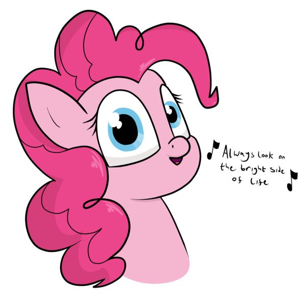 Size: 1939x1927 | Tagged: safe, artist:moonatik, derpibooru import, pinkie pie, earth pony, pony, bust, monty python, monty python's life of brian, music notes, positive ponies, simple background, singing, solo, transparent background, uplifting, vulgar description