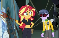 Size: 945x605 | Tagged: safe, derpibooru import, edit, edited screencap, screencap, microchips, sunset shimmer, all the world's off stage, equestria girls, equestria girls series, all the world's off stage: micro chips, belly button, clothes, glasses, pants, pencil, stage