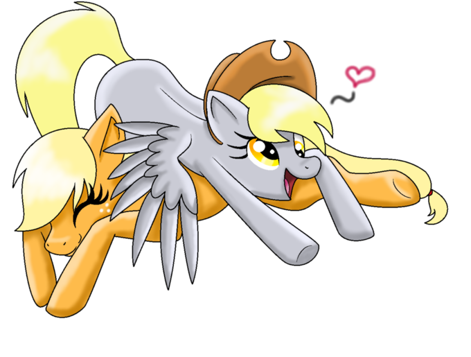 Size: 680x515 | Tagged: artist needed, safe, derpibooru import, applejack, derpy hooves, earth pony, pegasus, pony, accessory swap, applejack's hat, cowboy hat, cute, derpabetes, derpyjack, eyes closed, female, hat, heart, lesbian, mare, pony pillow, shipping, simple background, smiling, transparent background