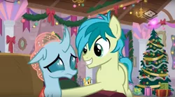 Size: 1673x929 | Tagged: safe, derpibooru import, screencap, ocellus, sandbar, changedling, changeling, earth pony, pony, the hearth's warming club, boomerang (tv channel), cute, diaocelles, duo, female, hearth's warming tree, male, sandabetes, smiling, teenager, tree