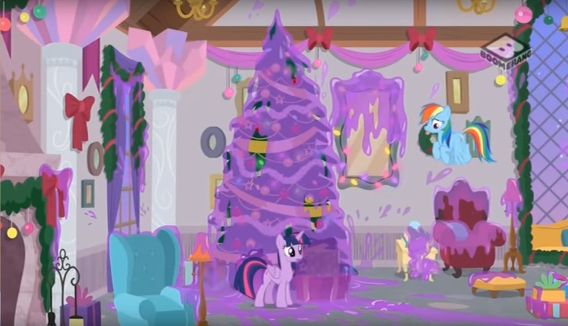 Size: 1615x927 | Tagged: safe, derpibooru import, screencap, rainbow dash, spike, twilight sparkle, twilight sparkle (alicorn), alicorn, dragon, pegasus, pony, the hearth's warming club, female, hearth's warming tree, male, mare, purple, slime, tree