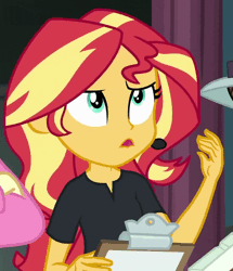 Size: 678x788 | Tagged: safe, derpibooru import, screencap, sunset shimmer, all the world's off stage, equestria girls, equestria girls series, animated, clipboard, exasperated face, female, gif, solo