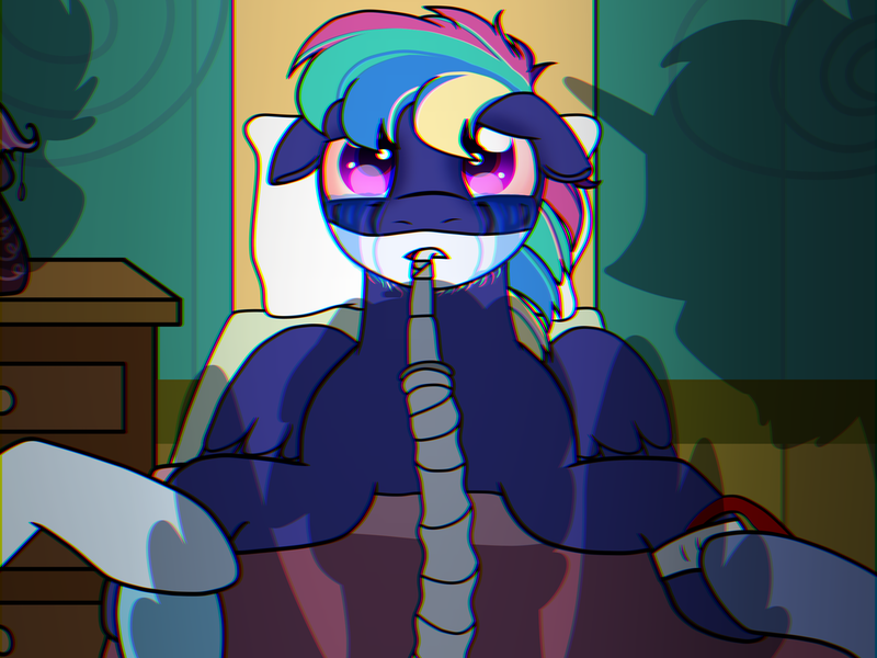 Size: 1024x768 | Tagged: safe, artist:kindheart525, artist:peep-dis, derpibooru import, rainbow dash, soarin', oc, oc:dusk star, oc:firework, kindverse, bed, chromatic aberration, crying, digital art, hospital bed, next generation, offscreen character, offspring, parent:rainbow dash, parent:silver script, parent:soarin', parent:twilight sparkle, parents:soarindash, parents:twiscript, story in the source, story included